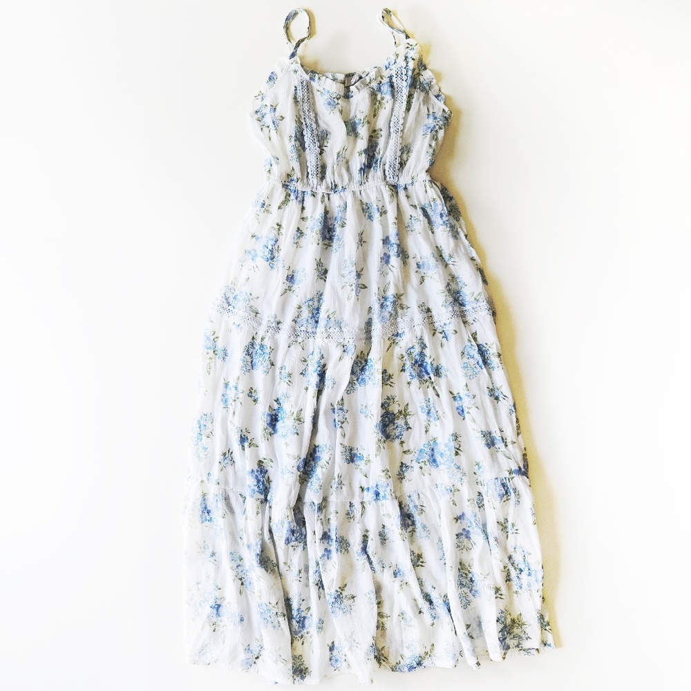 MINE White Blues Floral Ruffle Tiered Midi Dress